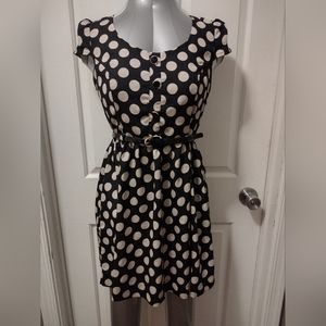 Monteau Polka Dot Belted Dress Black & Cream Medium Cap Sleeve Sz L